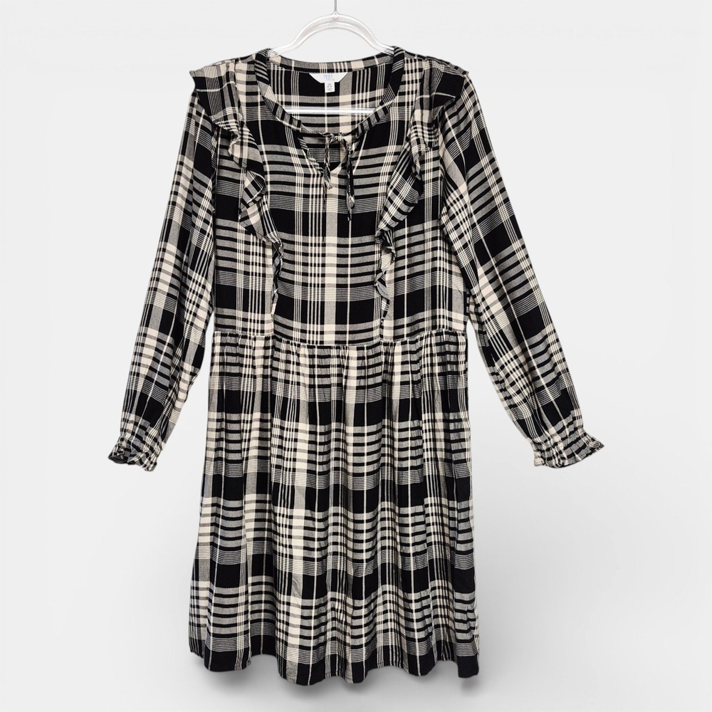 Time and Tru Womens XS Black White Plaid Ruffle Long Sleeve Tie Neck Mini‎ Dress